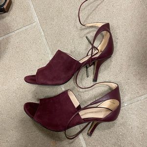 Pelle Moda Burgundy Suede/Leather Open Toe Ankle Strap Heeled Sandals